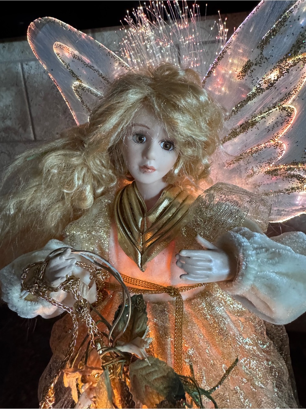 Fiber Optic Angel Christmas Tree Topper 16” Lighted White Gold Gown Bell